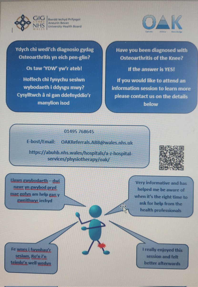 Do you suffer with Osteoarthritis of the knee and want to know more about how you can manage this at home? If so, join us for one of our sessions. To find out more information, call or email the team on 01495 768645 or abb.oakreferrals@wales.nhs.uk <a href="/StrangeTanya/">Tanya S</a>