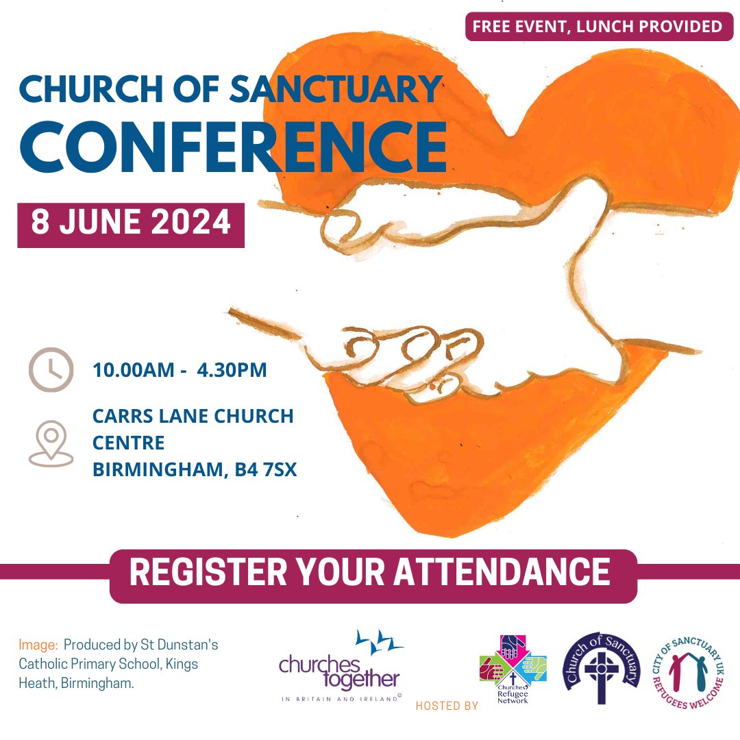 DIARY DATE Church of Sanctuary Conf 8 June 24, Birmingham How churches are responding to the call to offer sanctuary to those fleeing persecution and seeking asylum. Speakers inc: - Prof Robert Beckford - Dr Jayme R Reaves - Revd Dr Inderjit Bhogal ctbi.org.uk/church-of-sanc…