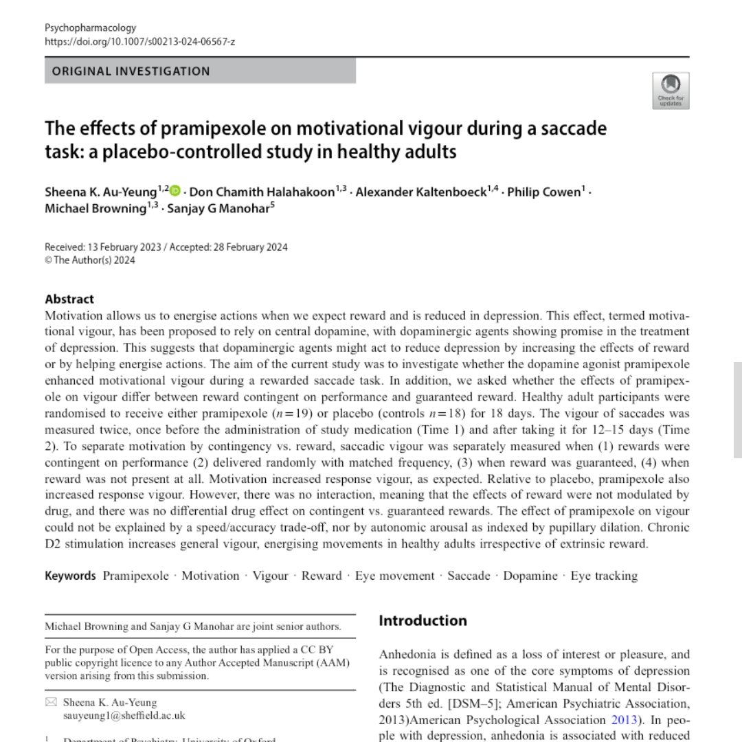 Check out our eye tracking study on the effects of dopamine agonist Pramipexole on motivation vigour. Published in Psychopharmacology 😄 Great work from the team @OxPsychiatry @NDCNOxford @michaelbrowni19 @BrainInTheMind 10.1007/s00213-024-06567-z