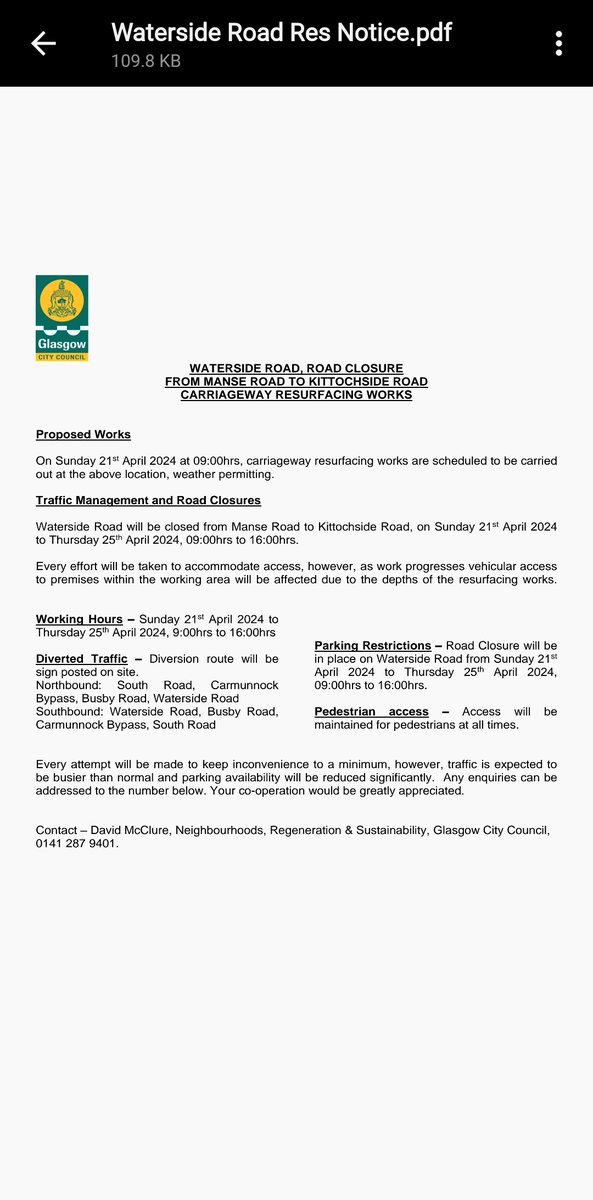 As some Carmunnock residents are aware, after escalating, I gained agreement from the NRS Convenor to have Waterside Rd resurfaced. I am delighted the works will commence on Sunday 21 April. Please see notification as follows: