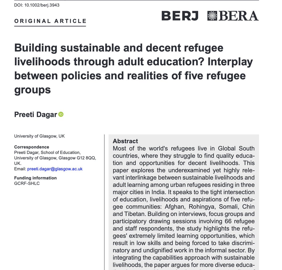 Preeti Dagar (@preetidagar_) on Twitter photo 📢Just published open access in British Educational Research Journal <a href="/BERJ_Editors/">British Educational Research Journal</a> -the paper argues for a broader understanding of refugee livelihoods that goes beyond pure economics to encompass consideration of freedom and human dignity. doi.org/10.1002/berj.3…
<a href="/UofGEducation/">School of Education</a> 📢Just published open access in British Educational Research Journal <a href="/BERJ_Editors/">British Educational Research Journal</a> -the paper argues for a broader understanding of refugee livelihoods that goes beyond pure economics to encompass consideration of freedom and human dignity. doi.org/10.1002/berj.3…
<a href="/UofGEducation/">School of Education</a>