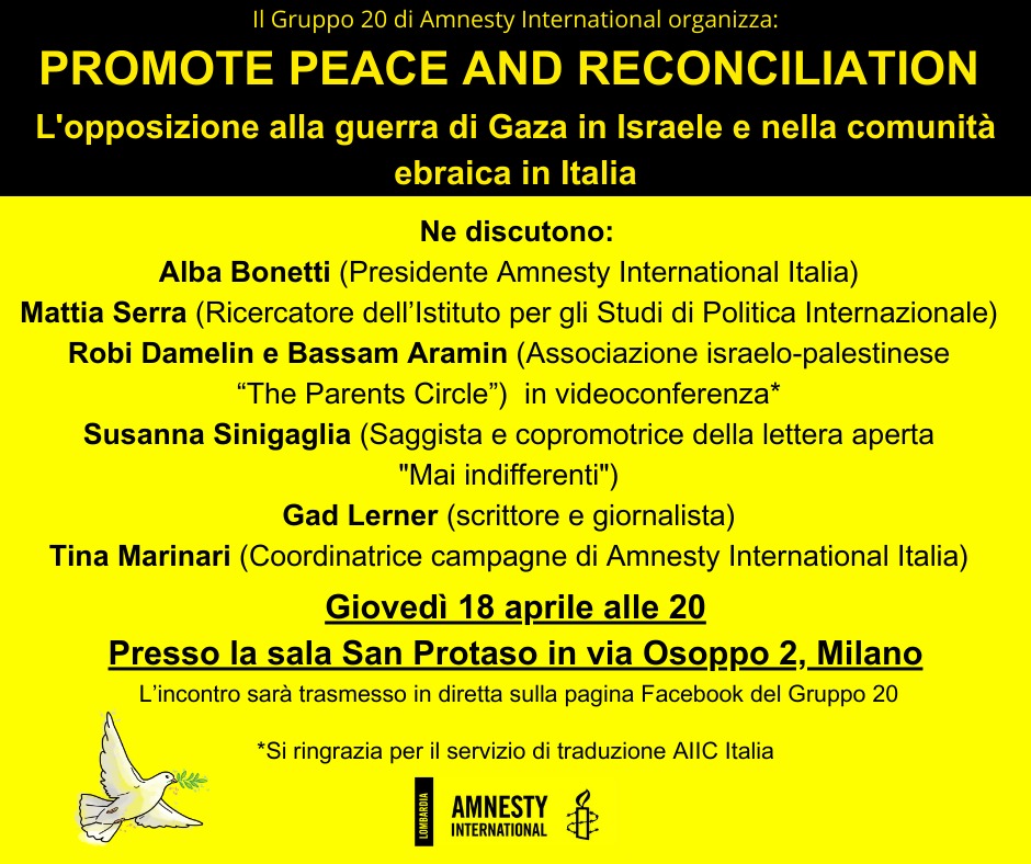 Domani sera, grazie a @amnestyitalia, incontro a Milano fra persone che appartengono a due popoli in guerra ma destinati a convivere