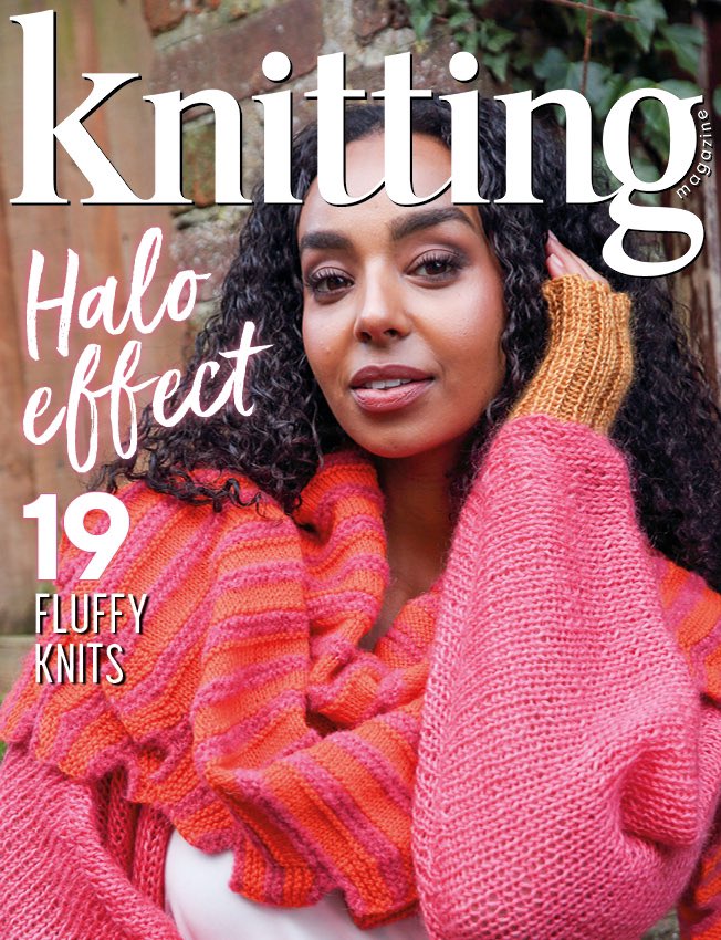Purlemma's tweet image. So excited to see my Fluffy Stripes shawl teamed with @BronaghKnits Irena cardi on the front cover of @KnittingMag issue 251, on sale tomorrow 18th April 2024!

The shawl is knitted with  @walcotyarns Opus in Aperol &amp;amp; Fluff in Dancing Flamingo!

#ShawlPattern 
#ShawlKnitting