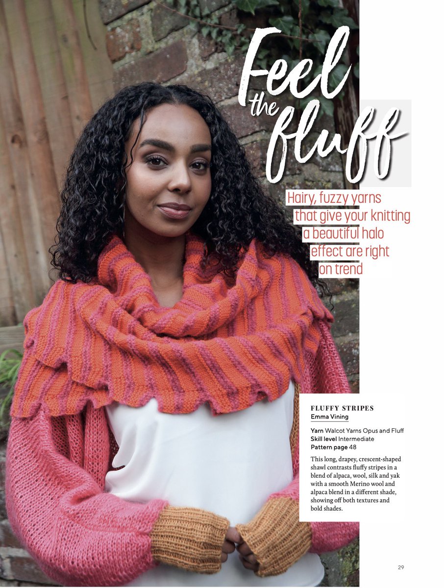 Purlemma's tweet image. So excited to see my Fluffy Stripes shawl teamed with @BronaghKnits Irena cardi on the front cover of @KnittingMag issue 251, on sale tomorrow 18th April 2024!

The shawl is knitted with  @walcotyarns Opus in Aperol &amp;amp; Fluff in Dancing Flamingo!

#ShawlPattern 
#ShawlKnitting