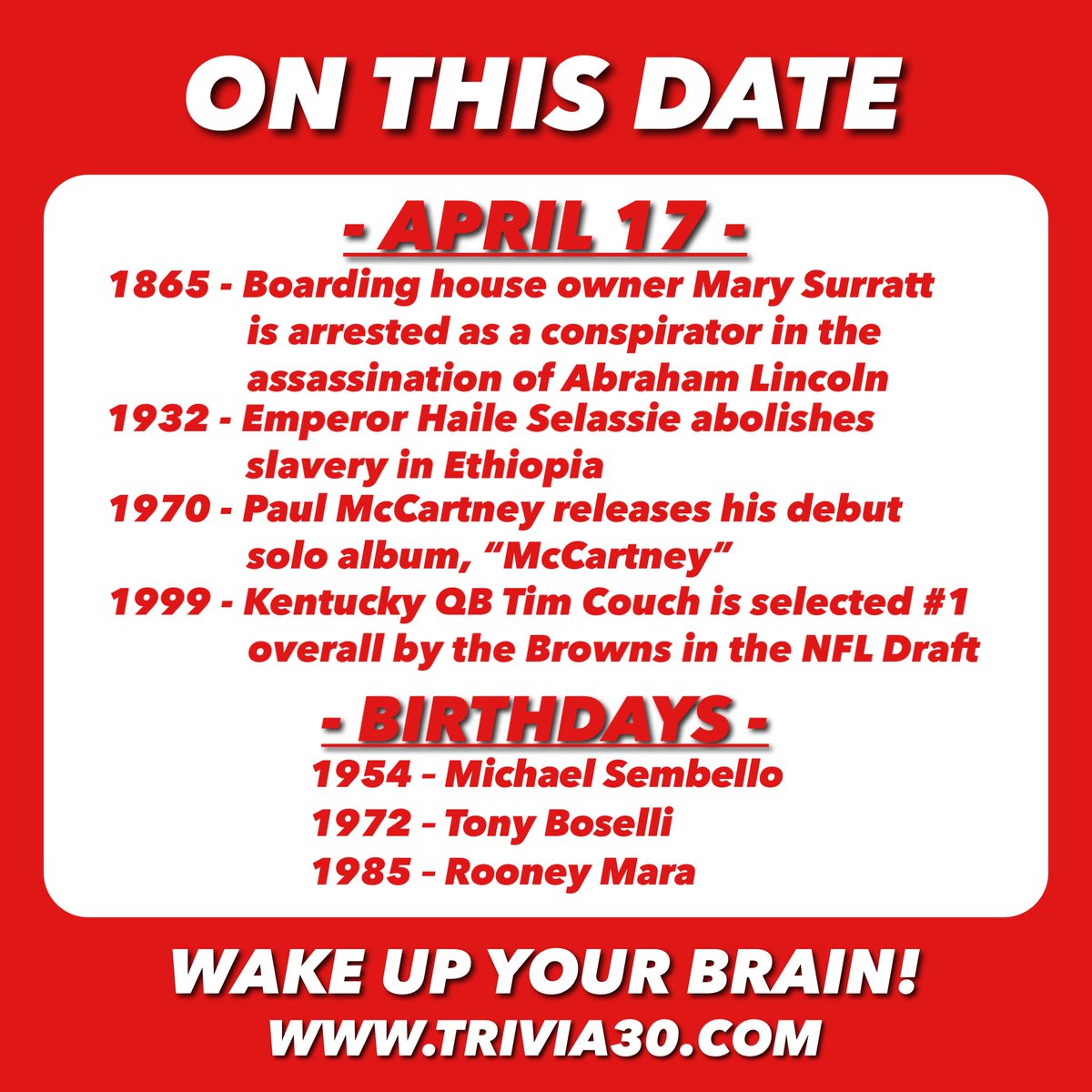 Your 4/17 OTD... Join us at Tidewater Grill or Disco Witch, and have a great Wednesday! #trivia30 #wakeupyourbrain #OnThisDay #Lincoln #Ethiopia #PaulMcCartney #clevelandbrowns #MichaelSembello #flashdance #TonyBoselli #JacksonvilleJaguars #RooneyMara