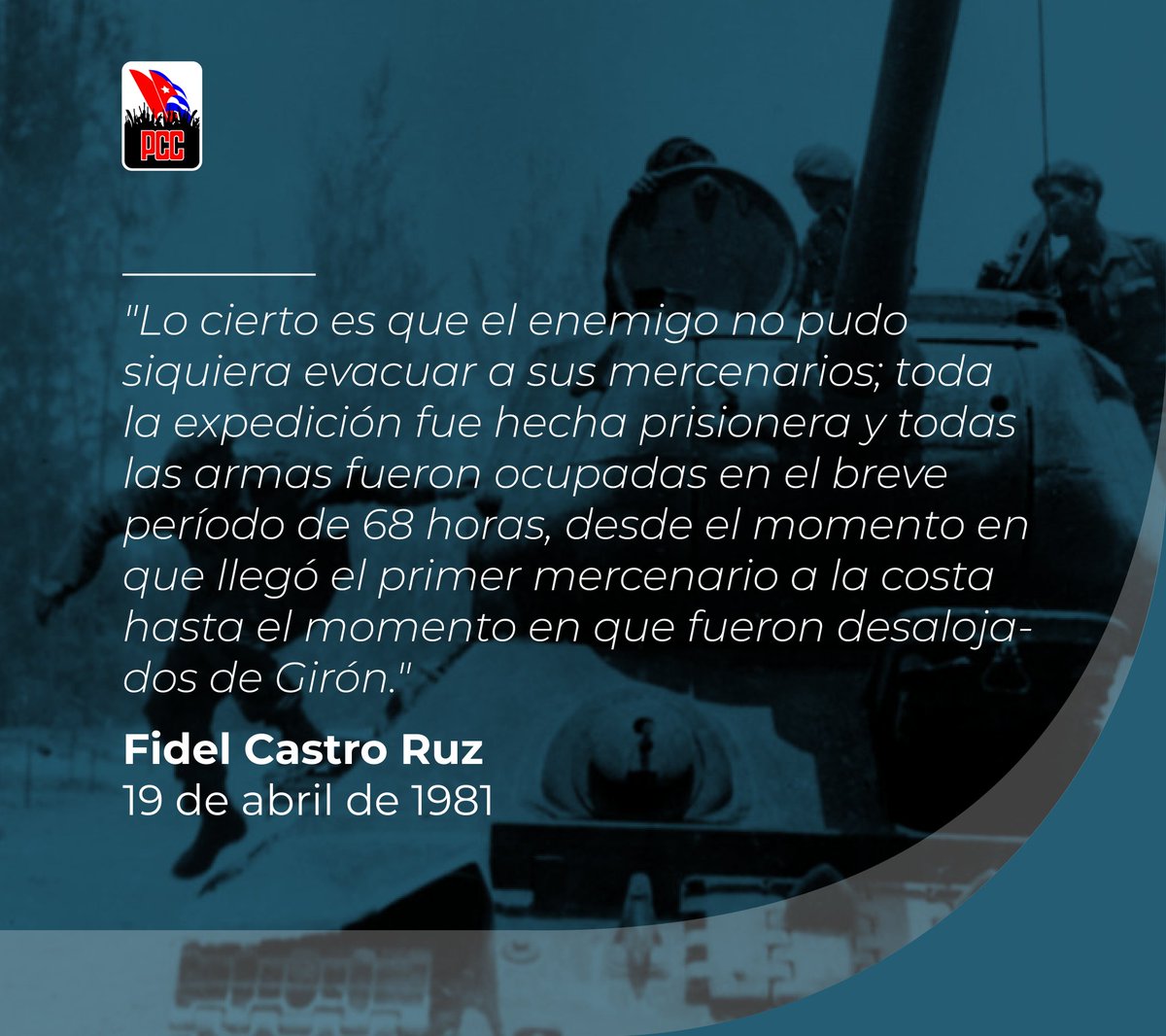 PartidoPCC's tweet photo. "El valor de los combatientes fue el factor fundamental que en este caso sustituyó la falta de experiencia. Fue sin duda decisivo el papel del pequeño grupo de pilotos con que contábamos"

Fidel

#GirónVictorioso https://t.co/rfacdUmEpy