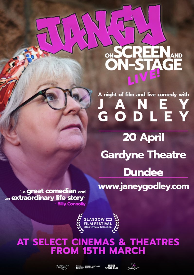 Dundee! Final tickets to see @JaneyGodley Janey: On Screen and On-Stage are available for her show at the Gardyne Theatre this Saturday Don't miss this special event! Tickets for Dundee, and all other Janey On Screen and On-Stage events, can be found at cosmiccatfilms.com/janey