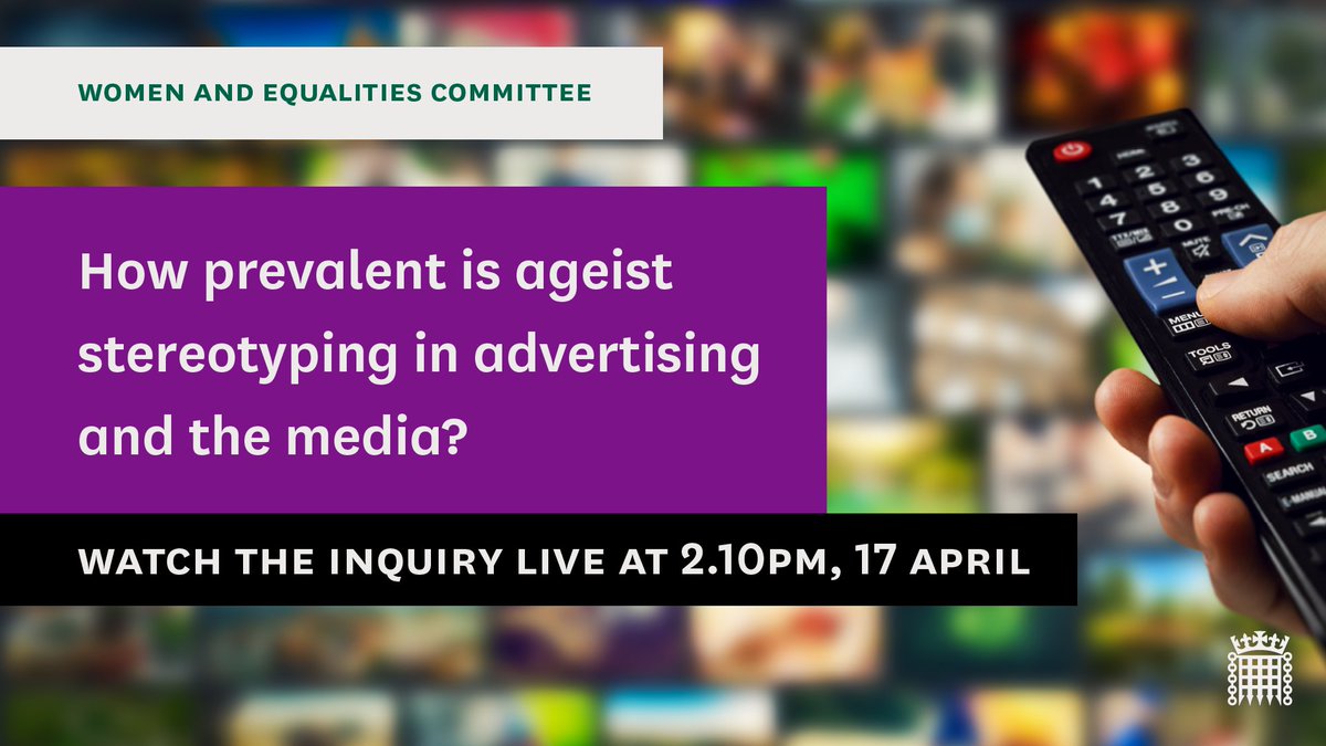 Today at 2.10pm we're questioning advertising & media regulators @IpsoNews, @Ofcom & @CAP_UK as part of our inquiry on the rights of older people. We'll hear about stereotyping and age discriminatory language in advertising and the media. Watch live: parliamentlive.tv/Event/Index/61…