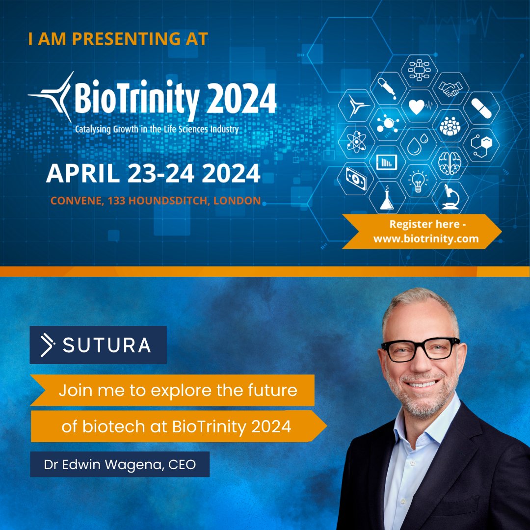 🌟 Excited for #BioTrinity2024? Join us as our CEO, Dr Edwin Wagena, presents Sutura's breakthroughs that could revolutionize healthcare. 🧬 Meet us at Convene, London, Apr 23-24. Let's shape biotech's future together! 🤝

#SuturaTherapeutics #DrugConjugates