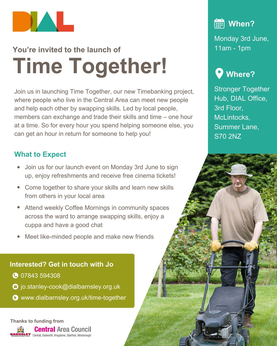 We're so excited to share that we are launching a new project - Time Together! 🗓️Monday 3rd June, 11am - 1pm 📍Stronger Together Hub, DIAL Office, 3rd Floor, McLintocks, Summer Lane, S70 2NZ 🔗dialbarnsley.org.uk/time-together #PassionateAboutPossibilities #BarnsleyIsBrill #Timebanking
