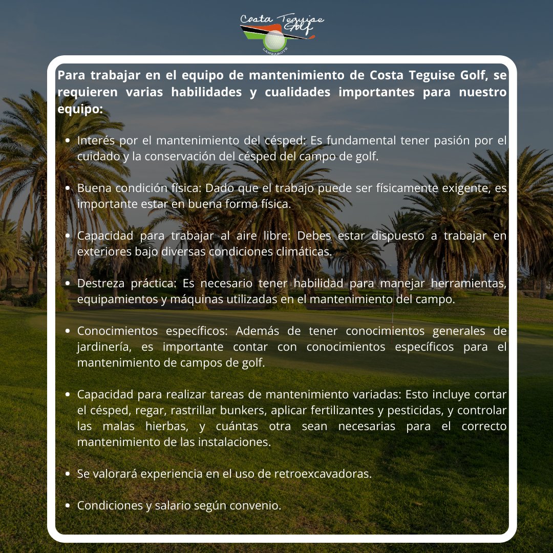 Costa Teguise Golf (@teguisegolf) on Twitter photo 𝑶𝒇𝒆𝒓𝒕𝒂 𝒅𝒆 𝒆𝒎𝒑𝒍𝒆𝒐:
Se necesita personal para m̲a̲n̲t̲e̲n̲i̲m̲i̲e̲n̲t̲o̲ ̲d̲e̲ ̲i̲n̲s̲t̲a̲l̲a̲c̲i̲o̲n̲e̲s̲ en Costa Teguise Golf.
Incorporación inmediata. Envía tu curriculum a: alex.delgado@costateguisegolf.com 𝑶𝒇𝒆𝒓𝒕𝒂 𝒅𝒆 𝒆𝒎𝒑𝒍𝒆𝒐:
Se necesita personal para m̲a̲n̲t̲e̲n̲i̲m̲i̲e̲n̲t̲o̲ ̲d̲e̲ ̲i̲n̲s̲t̲a̲l̲a̲c̲i̲o̲n̲e̲s̲ en Costa Teguise Golf.
Incorporación inmediata. Envía tu curriculum a: alex.delgado@costateguisegolf.com