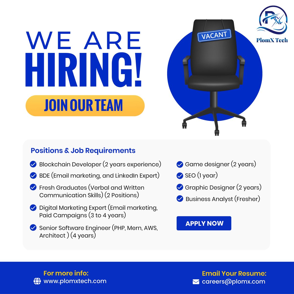 PlomX Tech urgently hiring on the following positions:

Interested candidates can apply at careers@plomx.com . Please mention the relevant "Position Title" in the subject line.

Visit the Website: plomxtech.com/careers/

#Letsconnect
