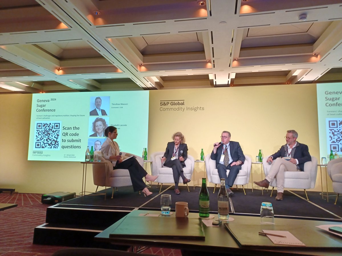 🗣 "Beet has gone from a banker crop 5/10 years ago to a gambler crop" - <a href="/mhssly/">Michael Sly</a> talking about the increasing variability in beet yields at the <a href="/SPGCI/">S&P Global Commodity Insights</a> Geneva Sugar Conference alongside Elisabeth Lacoste of <a href="/SugarBeetEurope/">C.I.B.E.</a> and Timothe Masson of <a href="/CGB_FR/">CGB</a>