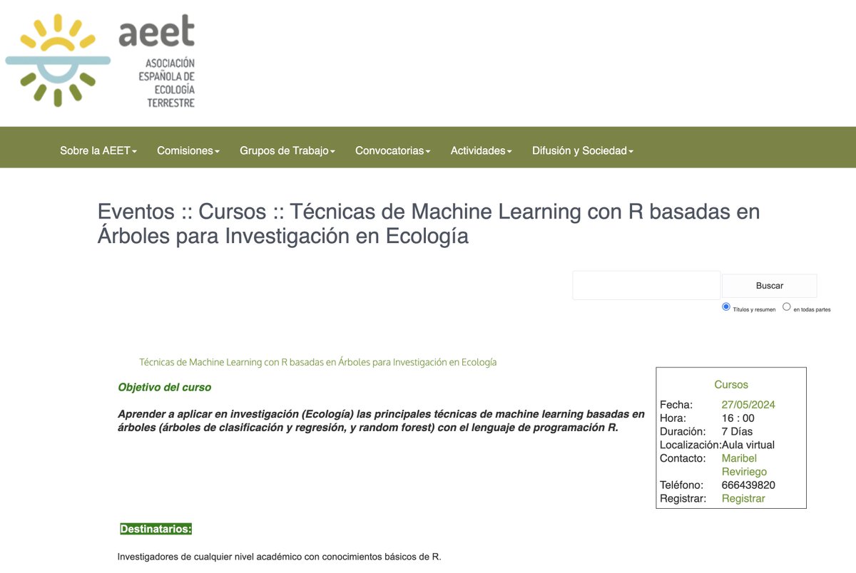 #EscuelaAEET NUEVO Curso: Técnicas de Machine Learning con R basadas en Árboles para Investigación en Ecología, por Manuel Mendoza 27 al 31 de mayo, Madrid Info: aeet.org/events/2024/04…