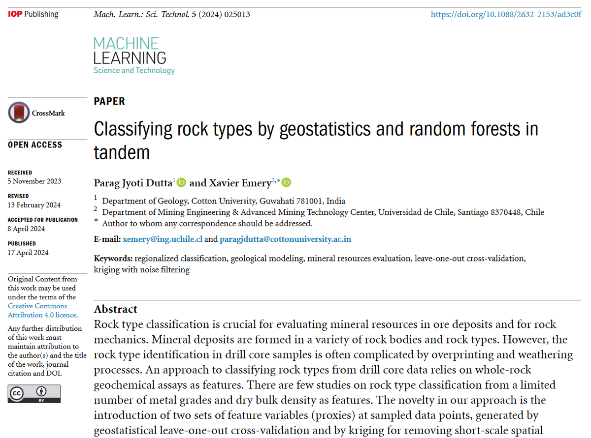 MLSTjournal's tweet photo. Great new work by Parag Jyoti Dutta and Xavier Emery @CottonUniversi1 @UChile_Beauchef @uchile - 'Classifying rock types by #geostatistics and #randomforests in tandem' - https://t.co/iLmN1AB90f #machinelearning #geology #earthscience #AI #geoscience #mining #bigdata @RioTinto https://t.co/LUlriwSpDO