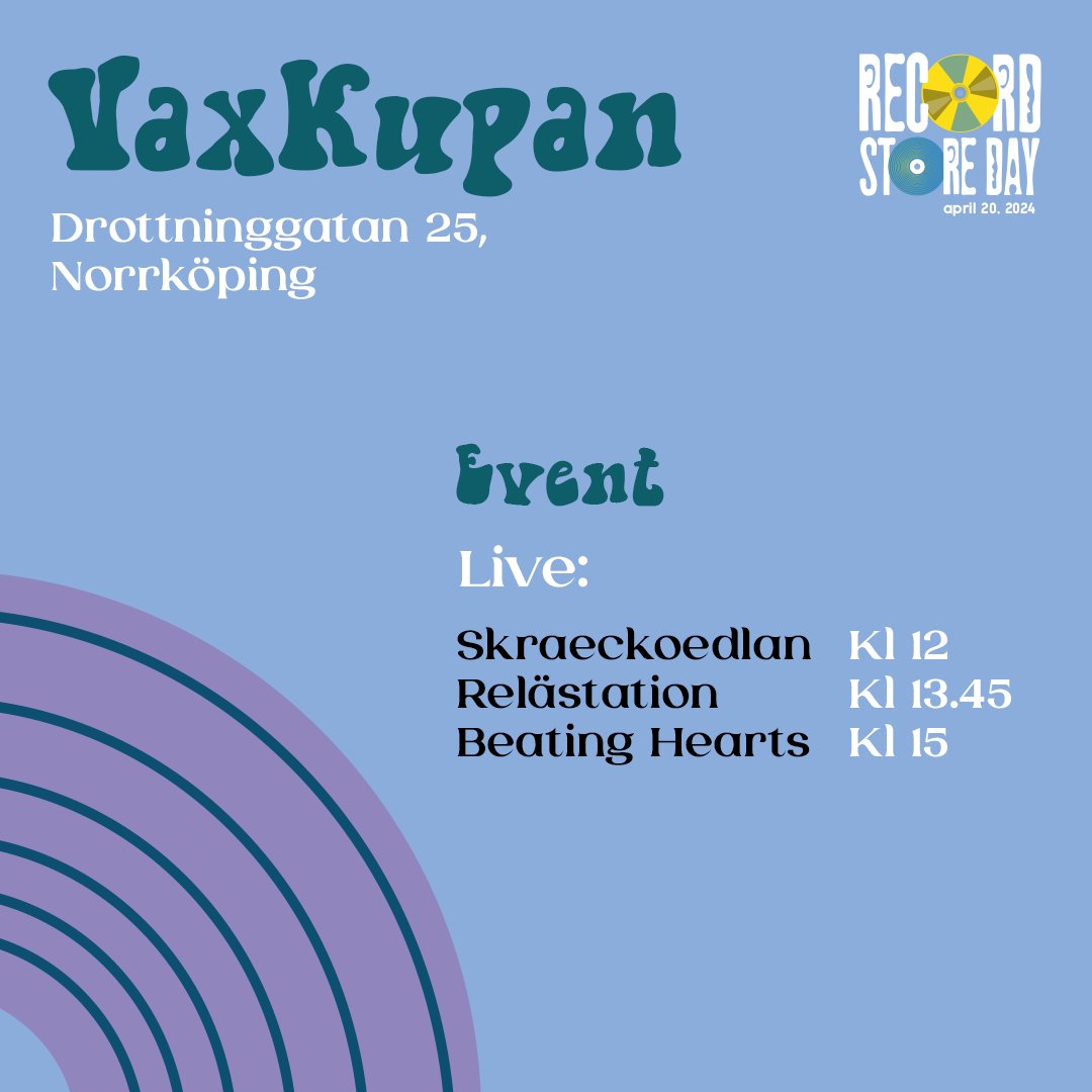 RsdSwe's tweet photo. Vaxkupan i Norrköping bjuder på många livespelningar under RSD 2024.

I butiken kommer Skraeckoedlan, Sveriges främsta och unika metalband, spela. Relästation ska spela livetechno och Beating Hearts uppträder med powerpop.

#rsd2024
#rsdsweden
#skraeckoedlan
#vaxkupan https://t.co/4hNrpE9fvF