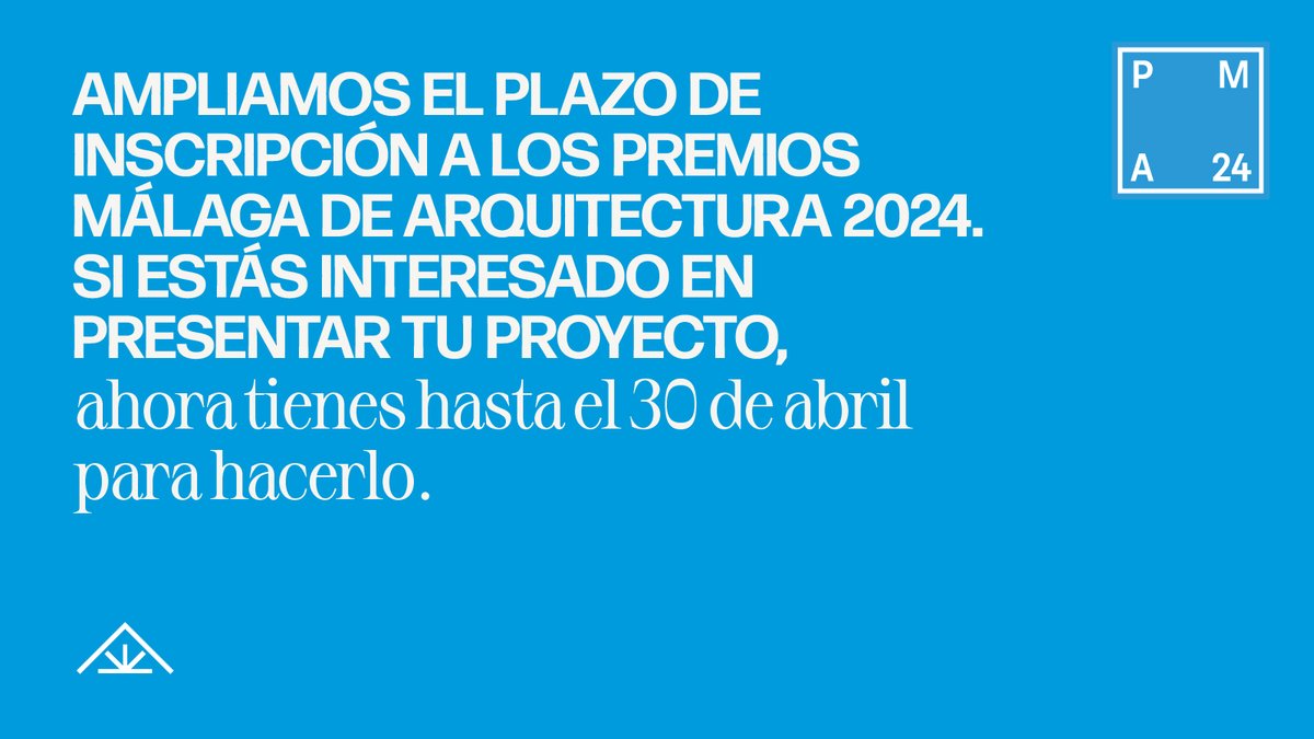 📢¡IMPORTANTE! Os anunciamos la ampliación del plazo de inscripción en el certamen Premios Málaga de Arquitectura 2024. Ahora tienes hasta el 30 de abril para presentar tu proyecto. ➡️ coamalaga.es/agenda/activid… #COAmálaga #premiosmálagadearquitectura