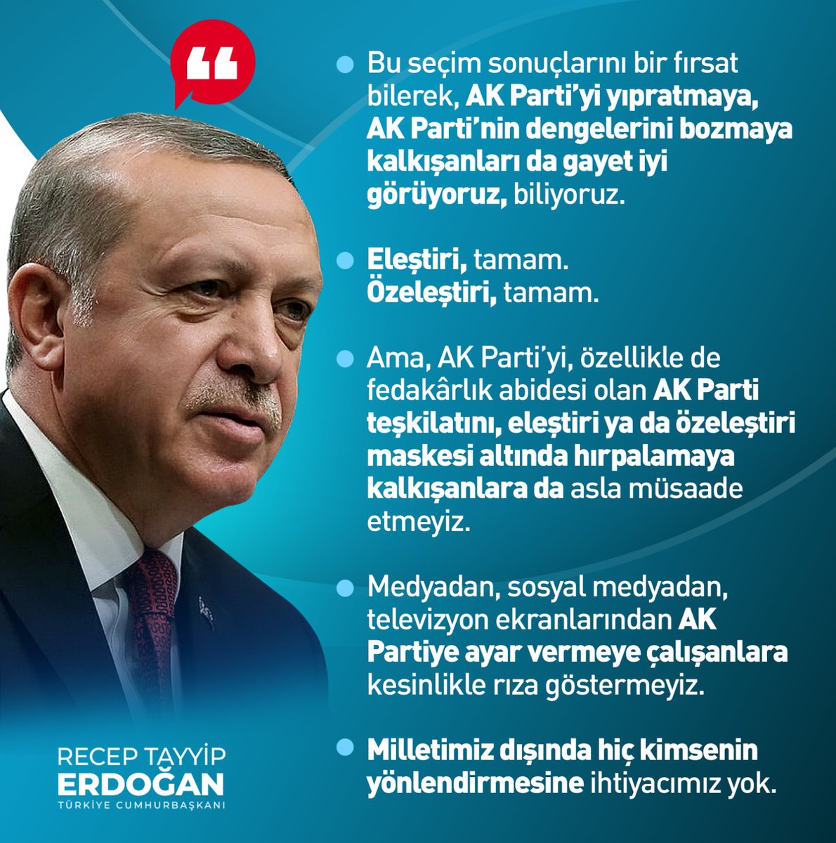 Cumhurbaşkanımız Sayın Recep Tayyip Erdoğan 'Eleştiri yapabilirsiniz ama medyadan, sosyal medyadan AK Parti'ye ayar vermeye çalışanlara kesinlikle rıza göstermeyiz. Milletimiz dışında hiç kimsenin yönlendirmesine ihtiyacımız yok' #akparti #RecepTayyipErdoğan