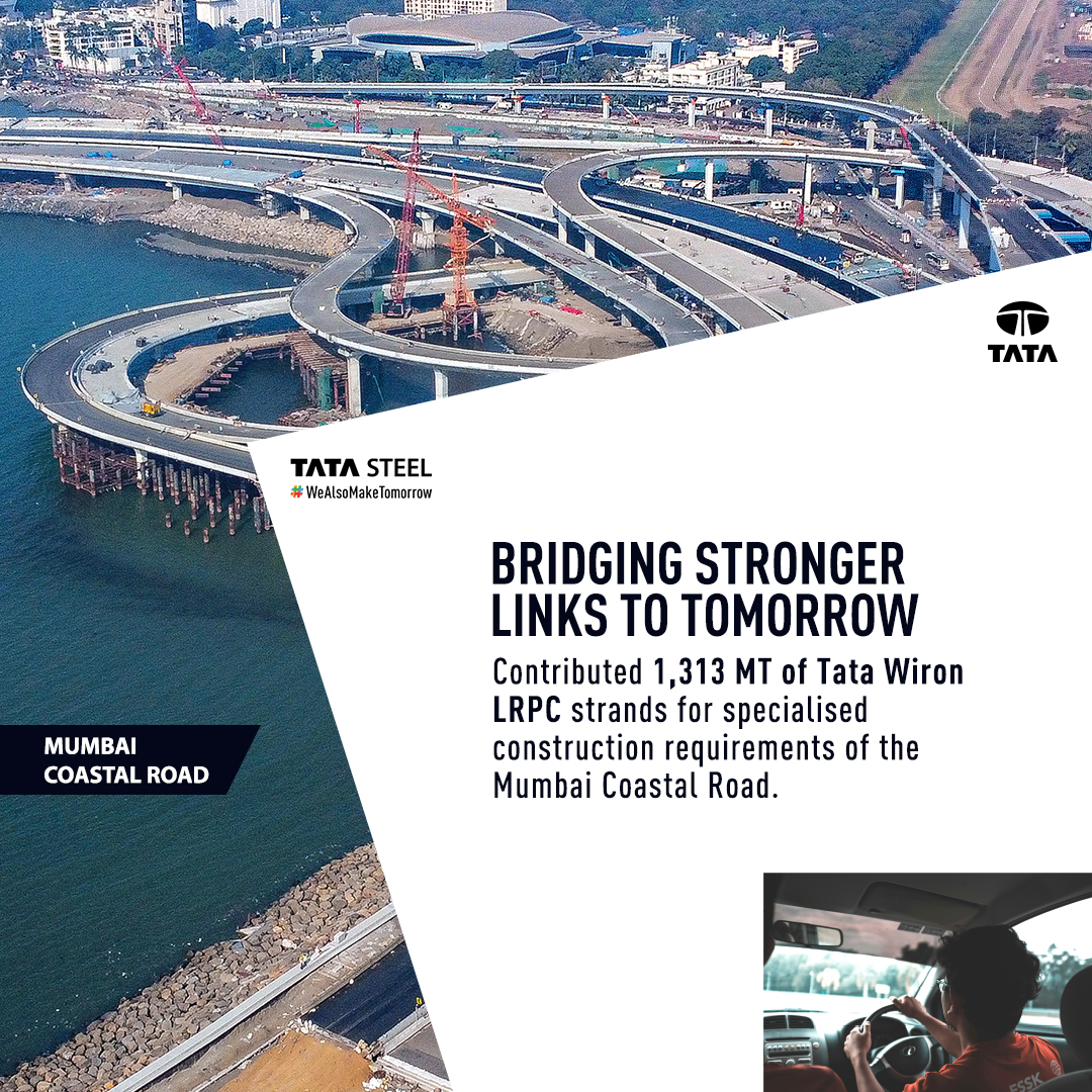 Marking a significant milestone in Mumbai's infrastructure development, we are proud to have supplied 1,313 MT of Tata Wiron LRPC Strands to the prestigious #MumbaiCoastalRoad project. #TataSteel #TataWiron