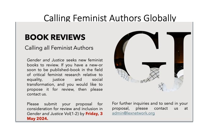 📢@GendrJustJrnl wishes to review new feminist scholarship Details 👇Please RT @JMoncktonSmith @PatriciaDebney @debbieging @hflowe @McGlynnClare @KarenB_LU @BergalloPaola @MSegrave @carolinereith @profdebsen @m2dempsey @littler_jo @MaryMcAuliffe4 1/2