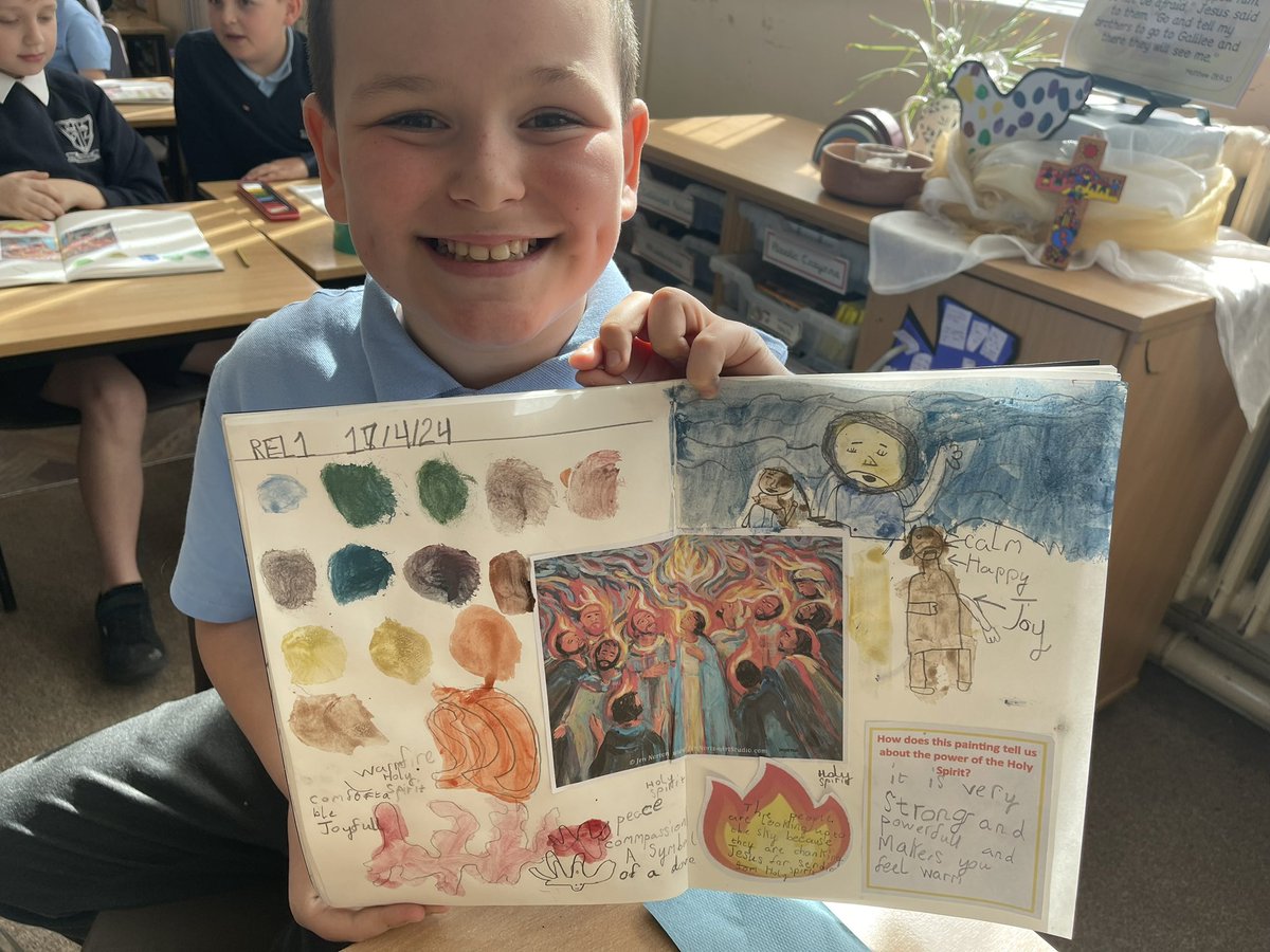 Today in 4A we have been exploring a painting to describe and understand the meaning of Pentecost. We focused on the meaning of the colours used, the shapes and symbols illustrated. Take a look at our lovely work! #OlolRE @ololprimary_HT #MakeADifference
