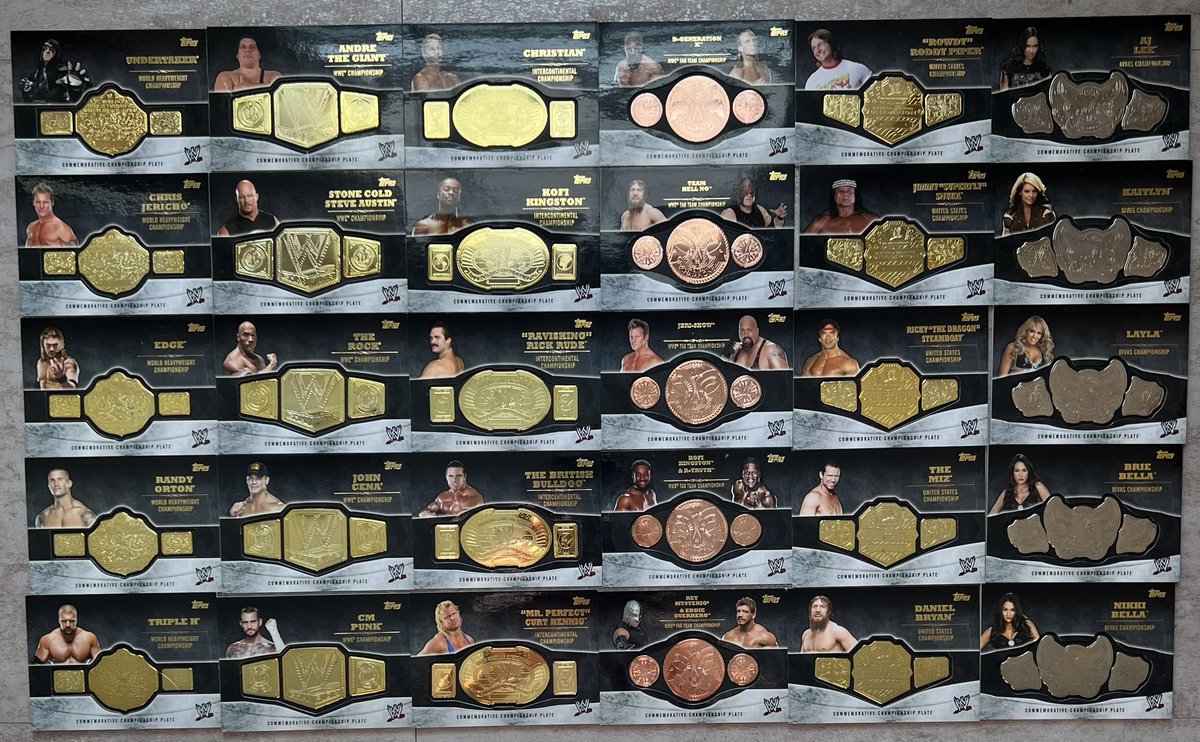 #wrestlingcardwednesday Here’s the complete set of 2014 Championship Plates from the WWE Topps release. This was the first year for these. The top row are limited to only 100 each. DX was the most difficult for me to find at the time.