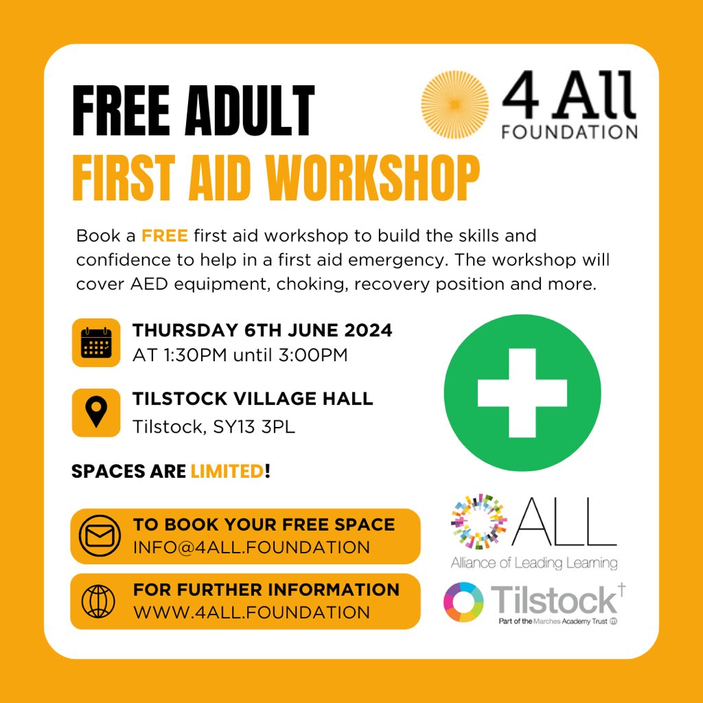 Free Adult First Aid Workshop

Book a FREE first aid workshop to build the skills and confidence to help in a first aid emergency. The workshop will cover AED equipment, choking, recovery position and more.

For further information, please email 📧 info@4all.foundation