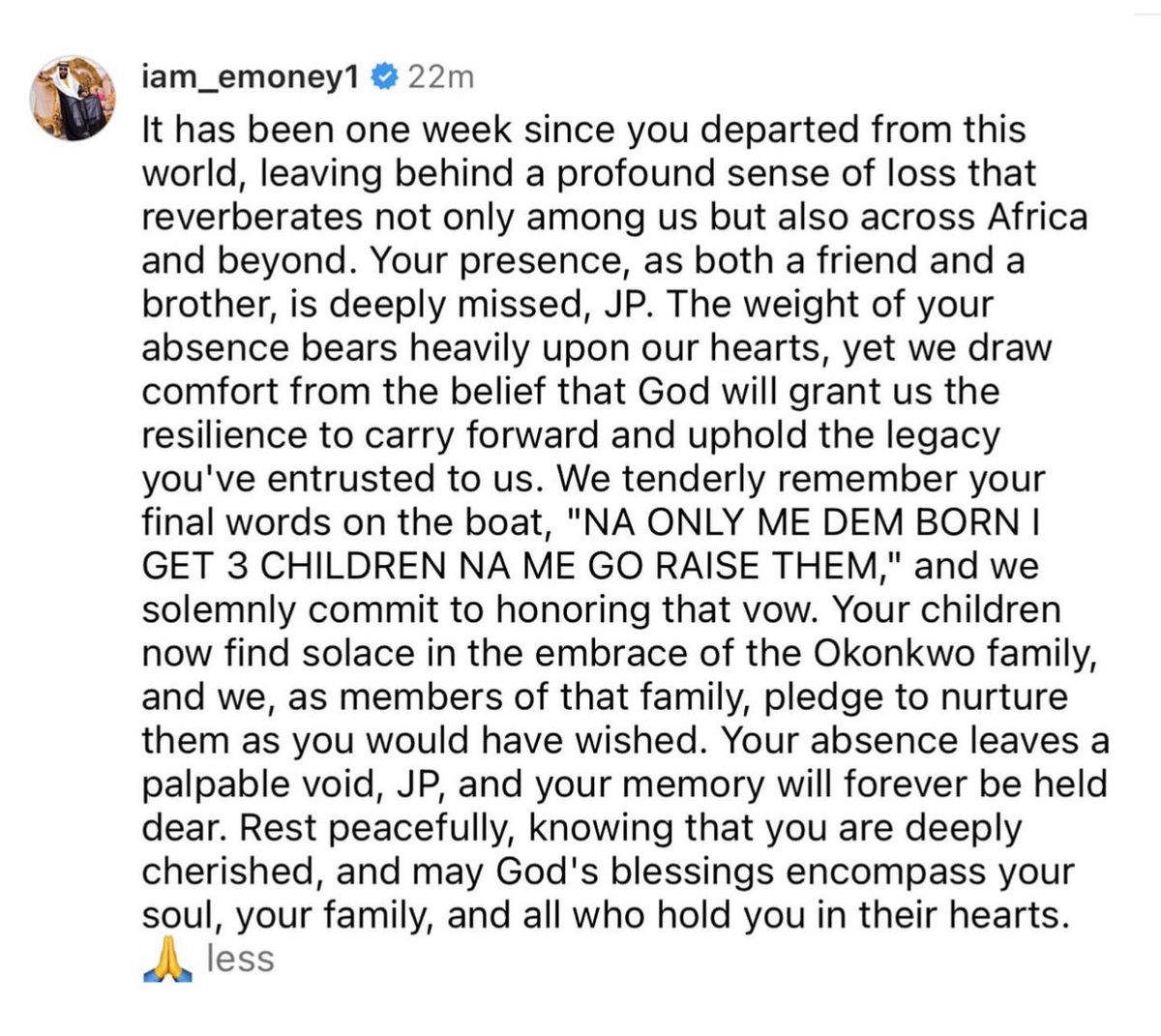 Billionaire E-Money pledges to raise late actor Jnr. Pope’s three kids.