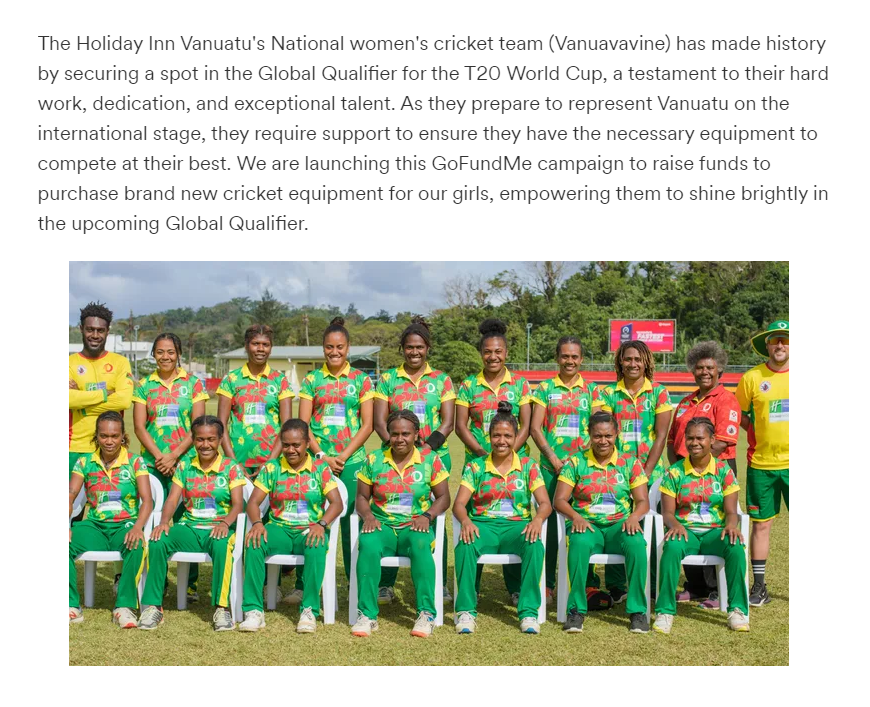 GoFundMe for the Vanuatu women's team, who will be taking part in the upcoming T20 World Cup Qualifier. Please support if you can. gofundme.com/f/empower-vanu…