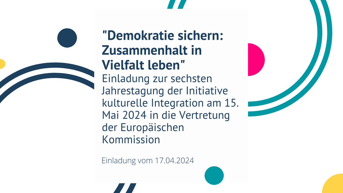 #Einladung: Sechste Jahrestagung der IKI am Mittwoch, den 15. Mai 2024 im Europäischen Haus @EUinDE in Berlin zum Thema #Demokratie sichern: #ZusammenhaltinVielfalt leben. Mit Impulsen von @NancyFaeser @ReemAlabali @BMAS_Bund @Matthias_Quent Anmeldung➡️kulturelle-integration.de/wp-content/upl…