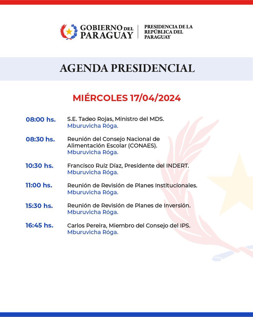 #Móvil970 @RosiPereirapy | Agenda de actividades del presidente de la República, Santiago Peña. ☀#ArribaHoy 📺@SomosGEN 📻#Universo970AM