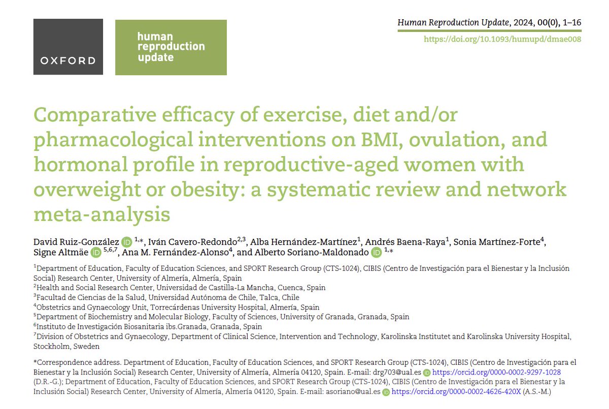 🎙️Human Reproduction Update publication @ESHRE Network Meta-analysis comparing the independent & combined efficacy of Exercise, Diet & Pharmacological interventions on BMI, ovulation, & hormonal profile in reproductive-aged women wth overweight/obesity academic.oup.com/humupd/advance… 🧵