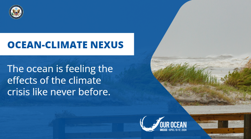 Our ocean and the climate crisis are deeply interconnected. #OurOcean2024 provides an opportunity to discuss the bold actions we need to take for ocean-based solutions to the climate crisis, as well as addressing the impacts of climate change on ocean ecosystems.