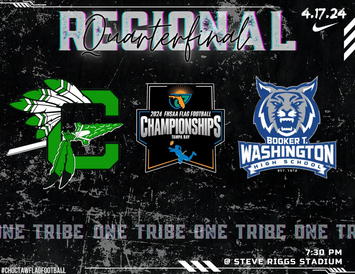 It's Game Day! 📣Regional Quarterfinals 🟢Choctawhatchee vs. 🔵Booker T. Washington 📅 Wednesday 4/17 ⏰️ 7:30 PM 📍 Steve Riggs Stadium (FWBHS) One Tribe. Go Big Green!! #regionals #flagfootball #roadtostate #GATA Purchase tickets 👇 gofan.co/event/1496390?…