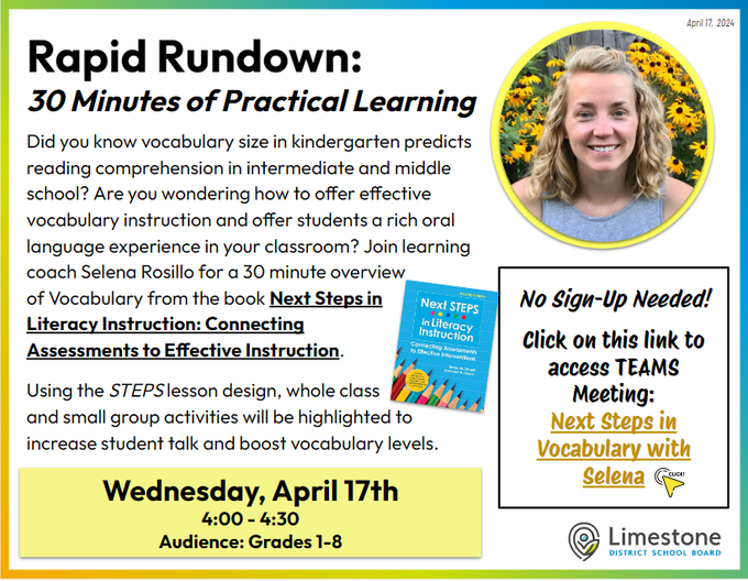 LITLearningLDSB's tweet image. Don't forget...the fourth official @LimestoneDSB Rapid Rundown is today at 4:00 on TEAMS.  Check your board email for a live link.  We would be delighted, ecstatic, and overjoyed if you could join us! (See what I did there?! 👀) #vocabularyfun