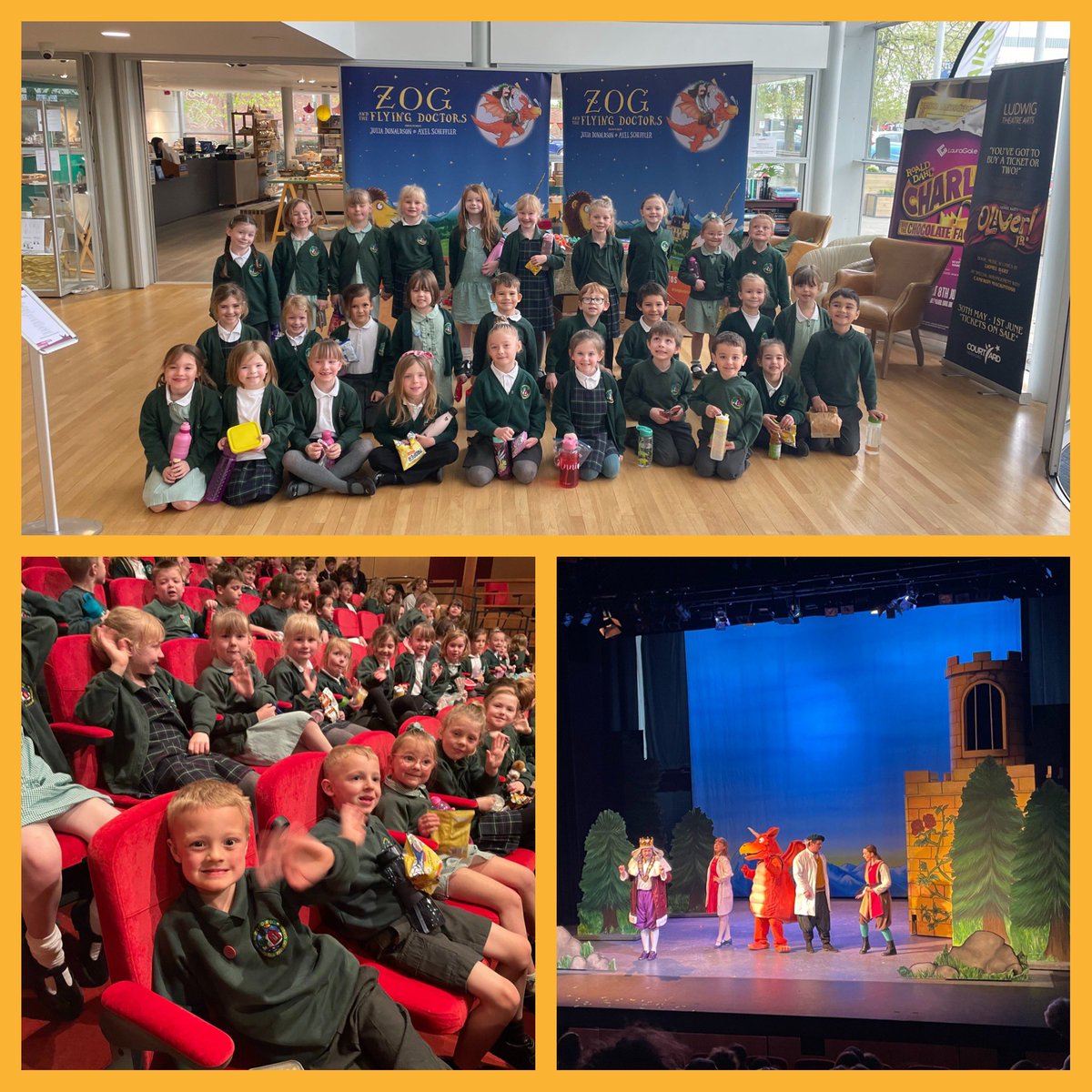Class 1 and 2 have had a fantastic morning visiting @CourtyardArts in Hereford! We all loved watching ‘Zog and the Flying Doctors’! 🧡🤩🎭