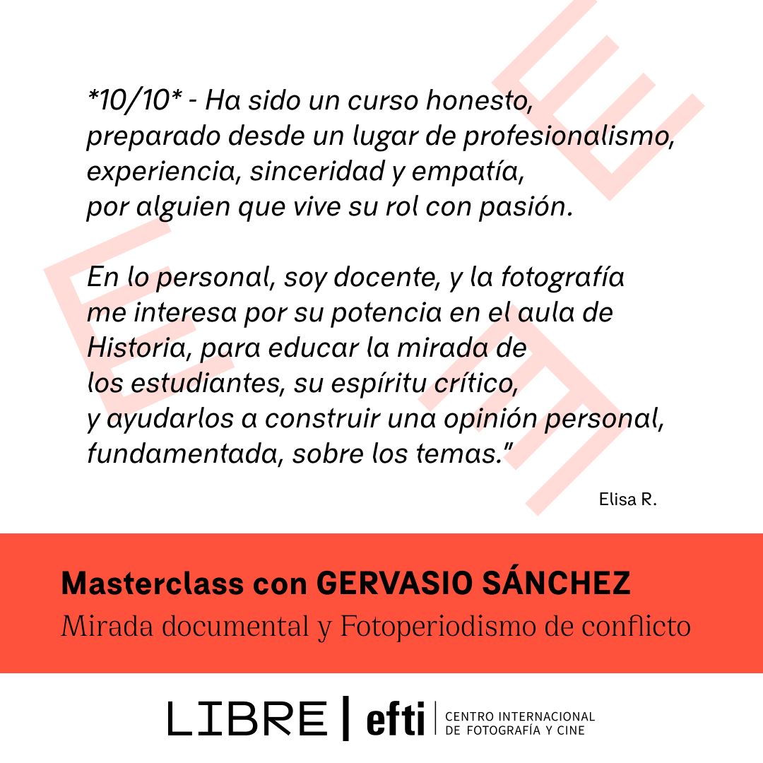 efti_fotografia's tweet photo. En #LIBREE hay espacio para los distintos #modosdemirar

📸 Masterclass #ONLINE de @gervasanchez 
"Mirada documental y Fotoperiodismo de conflicto": orígenes, experiencias, equipo, organización...

+ INFO en▶️https://t.co/inIKlG2MXc https://t.co/YsLYJLlgsQ