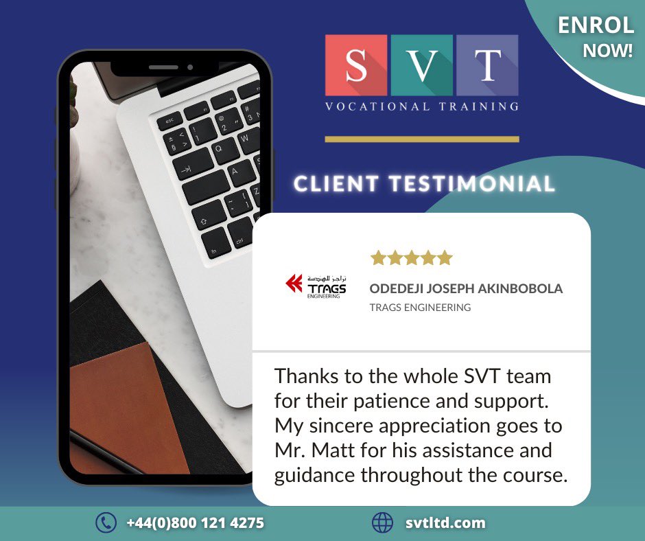 Congratulations to Odedeji Joseph Akinbobola from TRAGS Engineering for successfully completing his ProQual Level 6 NVQ Diploma in Occupational Health and Safety Practice with SVT! Great job, Odedeji! 🙌

Call the SVT team for info on +44(0)800 121 4275 #svtltd #safety #education