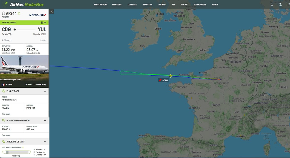 AvSourceNews's tweet photo. #EMERGENCY | In the last few moments, an Air France Boeing 777 operating a flight between Paris and Montreal has declared an emergency and u-turned.

Read more at AviationSource!

https://t.co/cvaKBG9Awu

@RadarBoxCom

#AirFrance #AF344 #Paris #Montreal #AvGeek https://t.co/bsG3jYHrdj