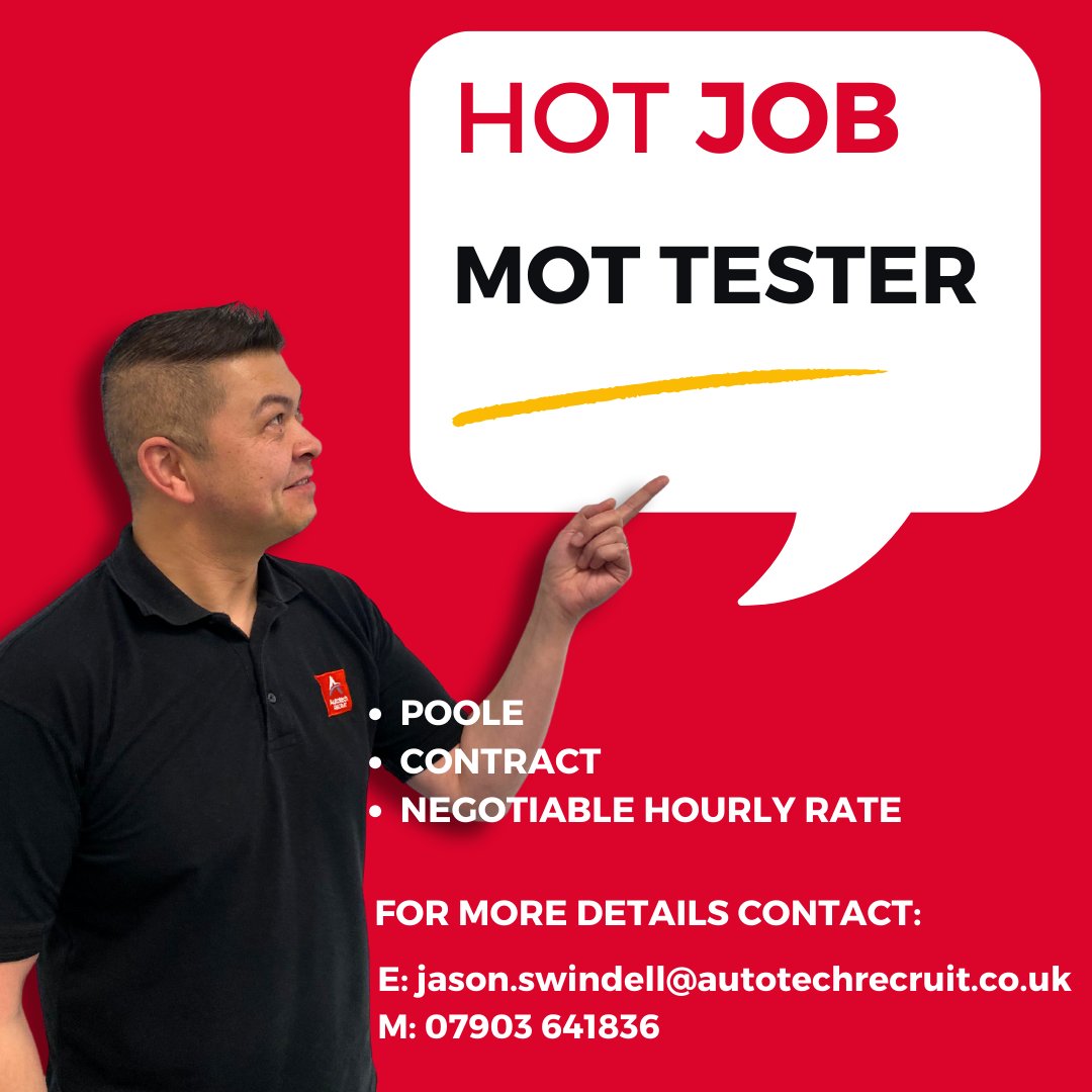 📣 Today's Hot Job! Our recruitment consultant, Jason, has a contract opportunity available for an MOT Tester in #Poole! Interested? Feel free to contact Jason today: ✉️ E: jason.swindell@autotechrecruit.co.uk 📞 M: 07903 641836 #JobOpportunity #AutomotiveIndustry #MOTTester