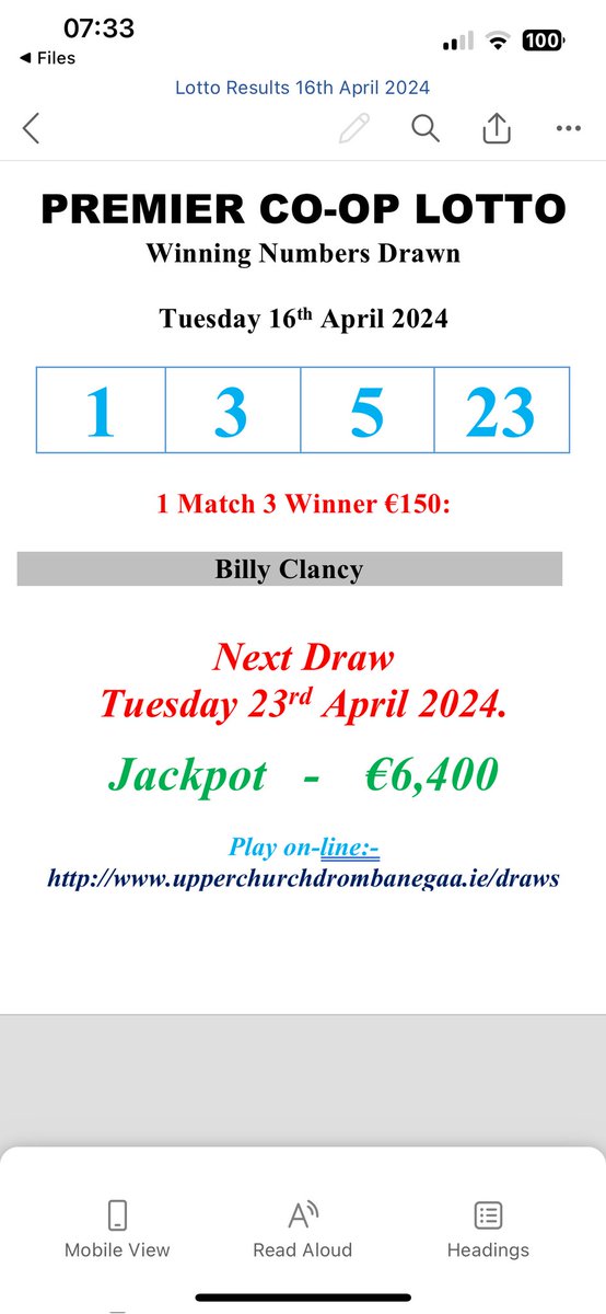 1 person was only one number away from winning last nights Lotto Jackpot!! Next week it rolls over to €6,400!! You can enter next weeks draw through the below link. upperchurchdrombanegaa.ie/draws