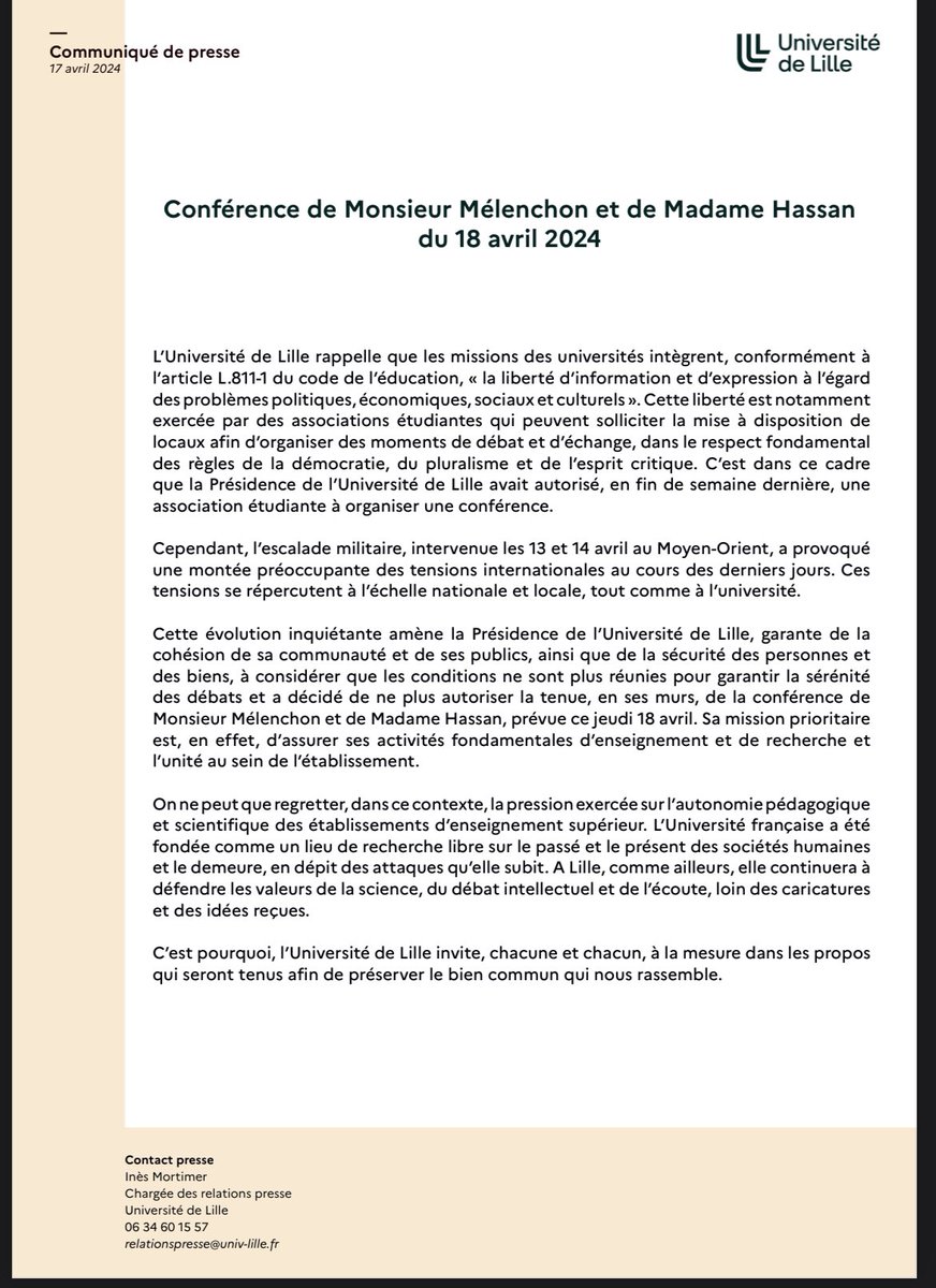 🔴 INFO | La direction de l’Université de Lille annonce l’annulation de la conférence de @JLMelenchon et @RimaHas prévue ce jeudi à l’invitation de l’asso « Libre Palestine ». « Les conditions ne sont plus réunies pour garantir la sérénité des débats », d’après leur communiqué.