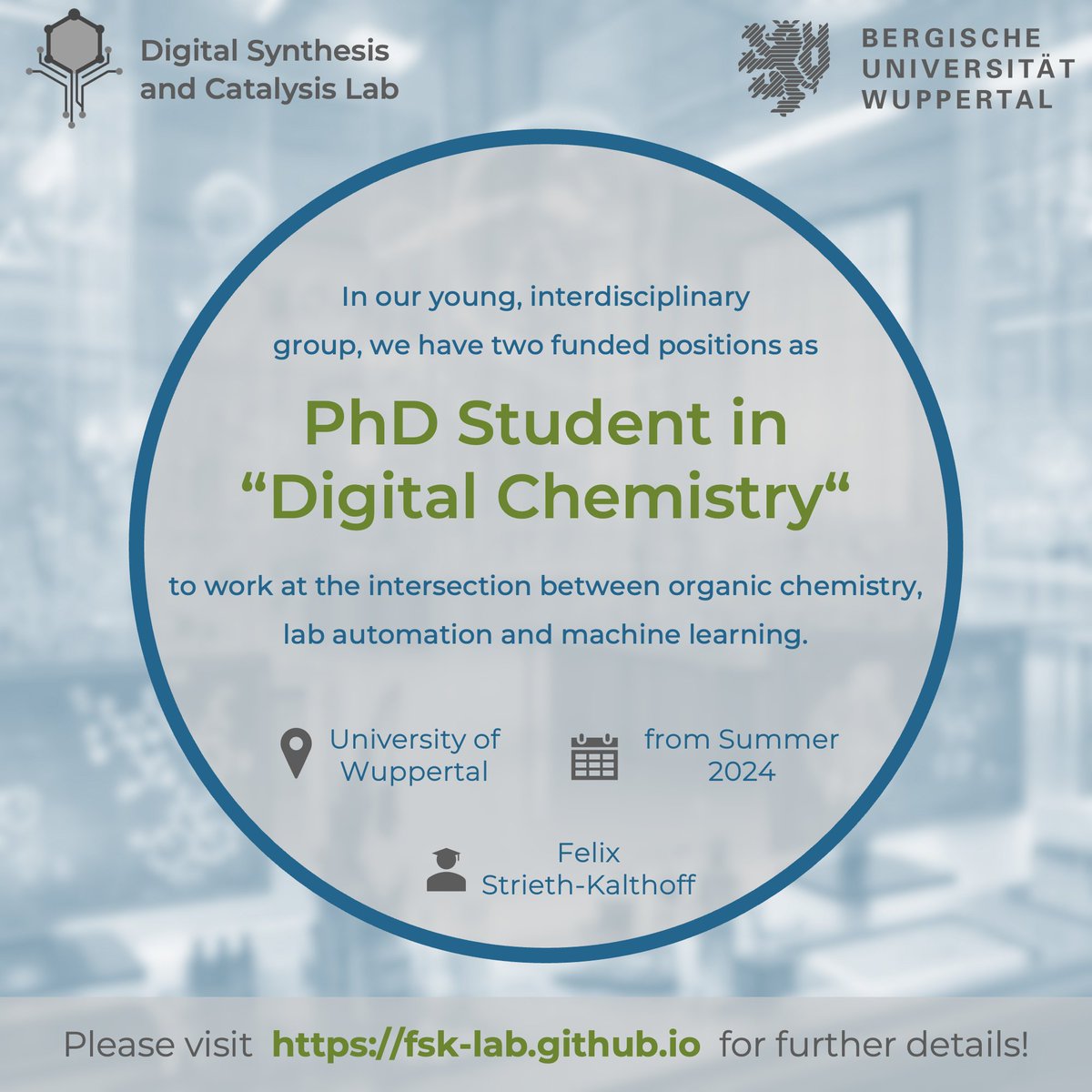 Felix Strieth-Kalthoff (@felix_s_k) on Twitter photo 📢PhD Position Alert📢
I'm on the lookout for PhD students to join my group <a href="/Uni_Wuppertal/">Bergische Universität Wuppertal</a> – please spread the word! And if you're a MSc student excited about digitizing (organic) chemistry labs, I'd love to hear from you! ➡️fsk-lab.github.io
#PhDPostions #ChemTwitter 📢PhD Position Alert📢
I'm on the lookout for PhD students to join my group <a href="/Uni_Wuppertal/">Bergische Universität Wuppertal</a> – please spread the word! And if you're a MSc student excited about digitizing (organic) chemistry labs, I'd love to hear from you! ➡️fsk-lab.github.io
#PhDPostions #ChemTwitter
