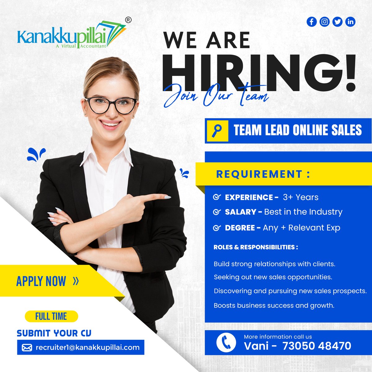 Exciting Announcement!📢 Looking for a new challenge?🔍 We are looking for a talented Online Sales #TeamLead to join our dynamic team🚀 Send your CV or Portfolio to recruiter1@kanakkupillai.com or 73050 48470 and take the first step towards an exciting #career with us! !💪