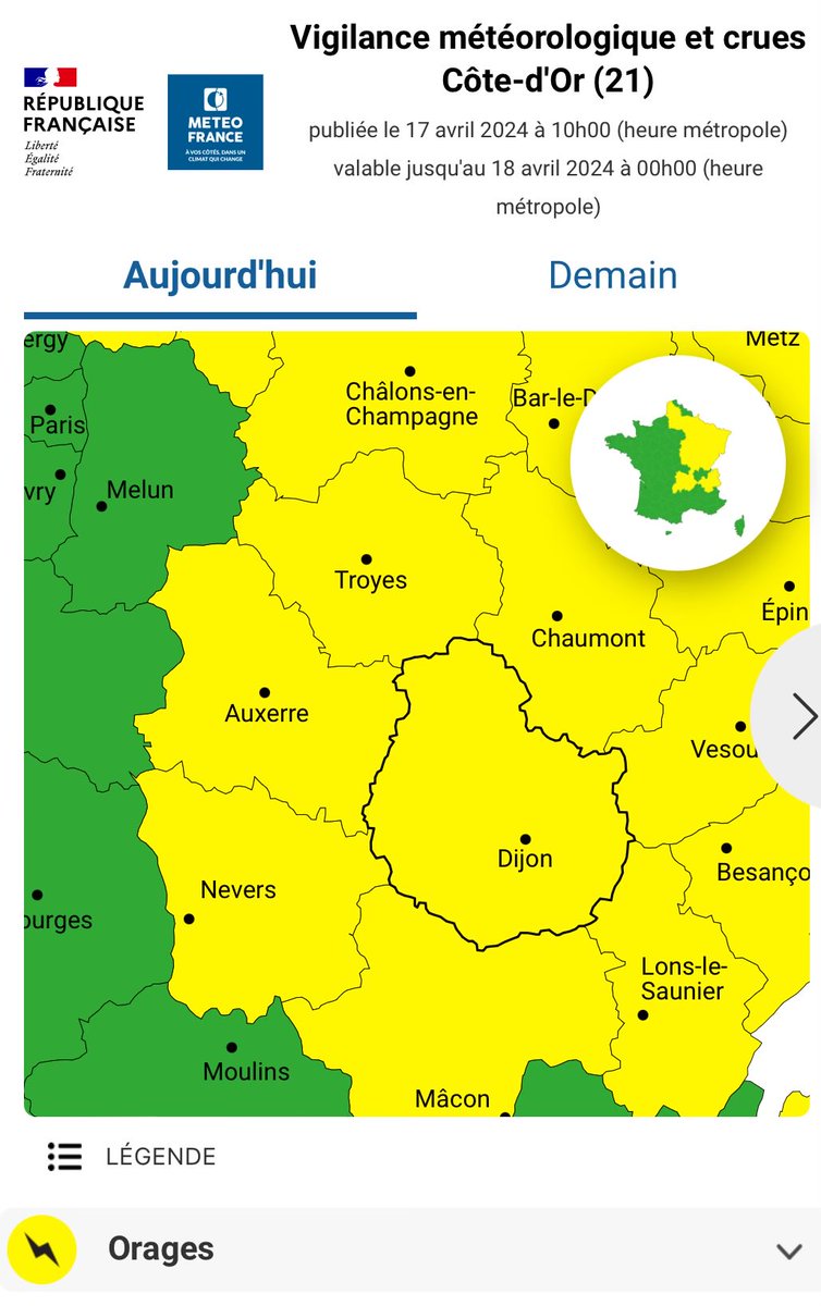 🟨[#VigilanceJaune] ➡️#ORAGES

@meteofrance place l’ensemble de la #Bourgogne en vigilance🟡 orages⛈️.

Rafales de vent 💨 , petite grêle🧊 et forte pluie ☔️ sont attendus.