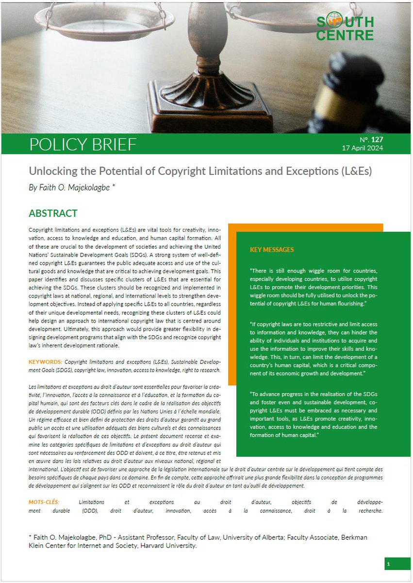 As the <a href="/WIPO/">World Intellectual Property Organization (WIPO)</a> SCCR discusses a crucial work plan on copyright limitations &amp; exceptions, which are key to unlock the potential of research &amp; innovation, especially in the Global South, see our NEW Policy Brief by Faith Majekolagbe (<a href="/UAlberta/">University of Alberta</a>) on the issue: southcentre.int/policy-brief-1…