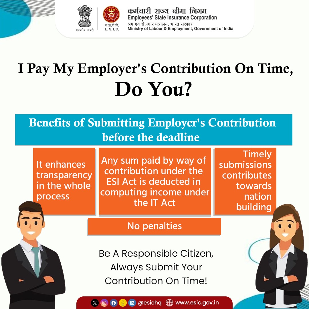 With the commencement of the financial year 2024-2025, ensure the submission of your Employer's Contribution before the deadline. 

#ESICHq #EmployerContribution
#FinancialYear