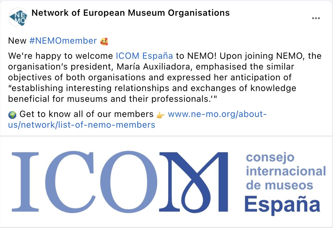 🏛️ 𝗜𝗖𝗢𝗠 𝗘𝘀𝗽𝗮𝗻̃𝗮, 𝗻𝘂𝗲𝘃𝗼 𝗺𝗶𝗲𝗺𝗯𝗿𝗼 𝗱𝗲 @NEMOoffice, la red de organizaciones de #museos europeos 🗣️Nuestra presidenta ha expresado que espera 'Establecer intercambios de conocimiento beneficiosos para los museos y sus profesionales' ne-mo.org