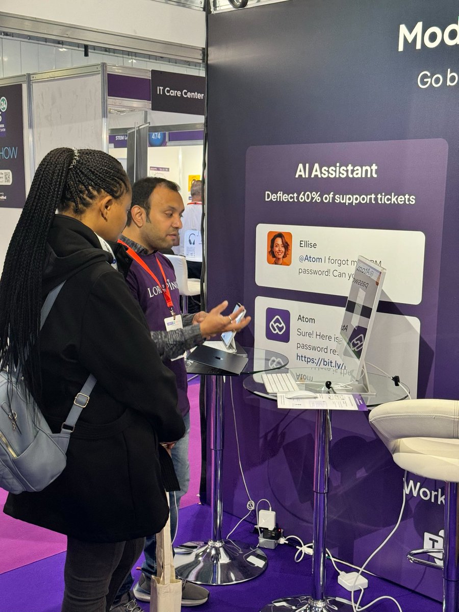 Team Atomicwork kicking things off at @SITS_UK If you're around, come by stand #595, ask @AparnaChugh, Padmapriya Murali, @amnigos, and Vijay Shankar about the future of ITSM. And don't miss Aparna and Vijay's upcoming session on “AI Guardrails for IT Leaders” in ‘Theatre 3’!
