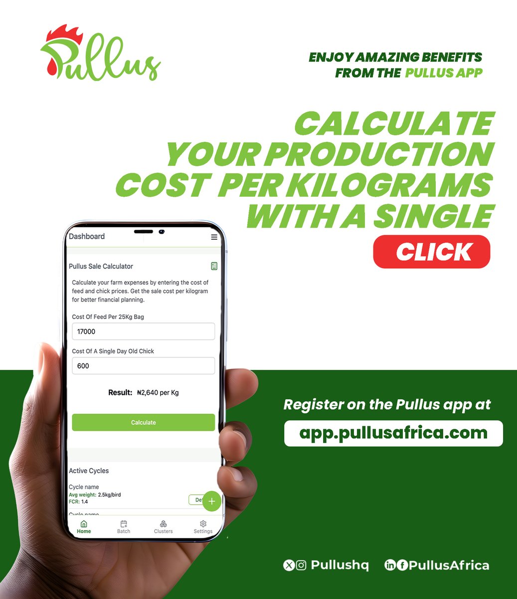 Explore our built-in tool for calculating your farm production cost effortlessly. 
Check out this feature on the Pullus Africa App today -App.pullusafrica.com

#PullusAfrica  #FinancialPlanning #PoultryFarming #SimplifyFarming #ProductionCost #PriceCalculator